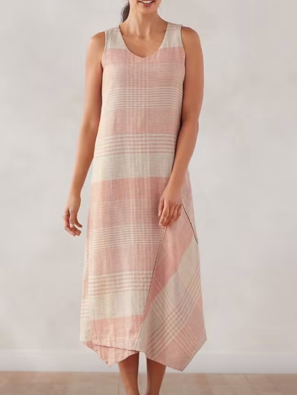 Purejill By J. Jill Linen Blend Sleeveless Pink and Beige Striped Maxi Dress